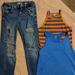 Distressed Blue Jeans with Colorful Tank Tops